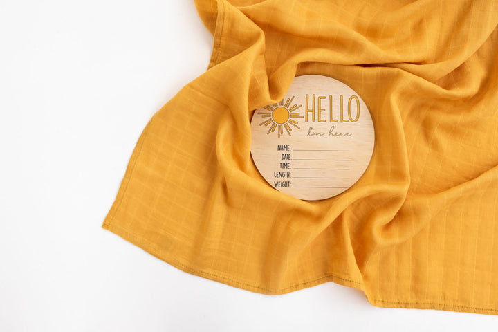 Wooden Announcement Plaque - Hello I'm Here Sun