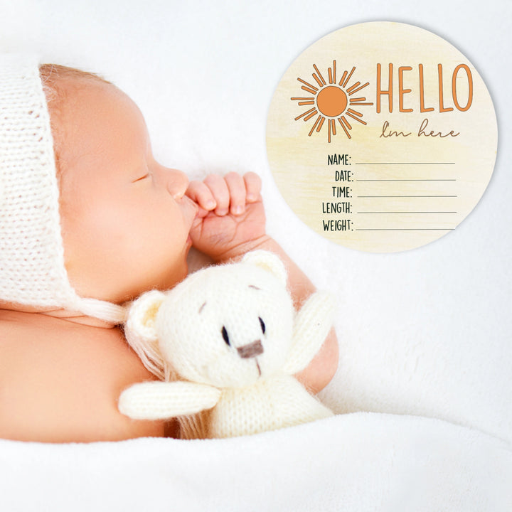 Wooden Announcement Plaque - Hello I'm Here Sun