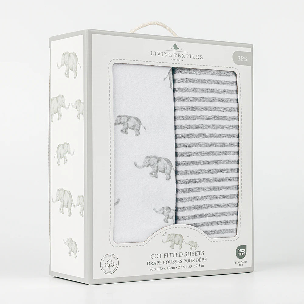 Cot Fitted Sheets 2 Pack - Watercolour Elephant & Grey Stripes