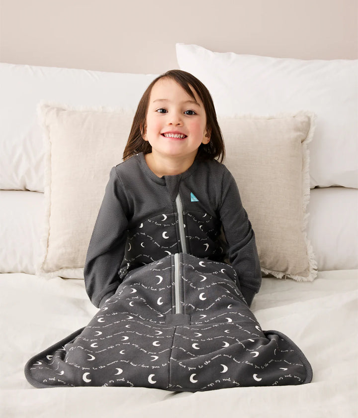 Love to Dream Cotton Fleece Sleep Bag 1.5 TOG - Charcoal Moon and Back