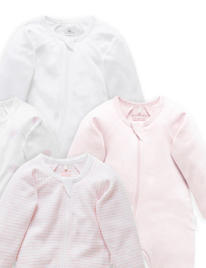 Purebaby Organic Zip Growsuit 4 Pack - Pink