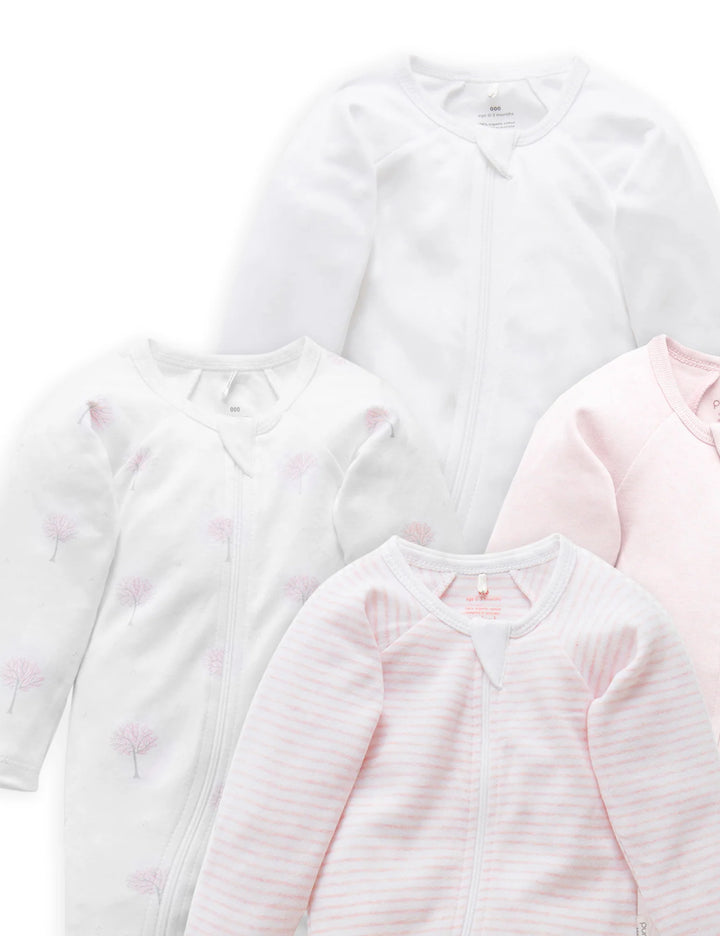 Purebaby Organic Zip Growsuit 4 Pack - Pink