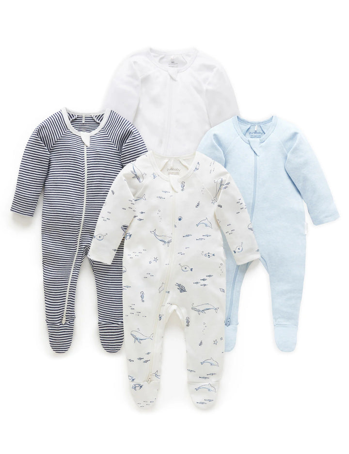 Purebaby Organic Zip Growsuit 4 Pack - Vanilla Nautical