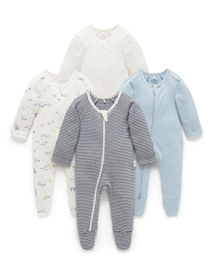 Purebaby Organic Zip Growsuit 4 Pack - Vanilla Nautical