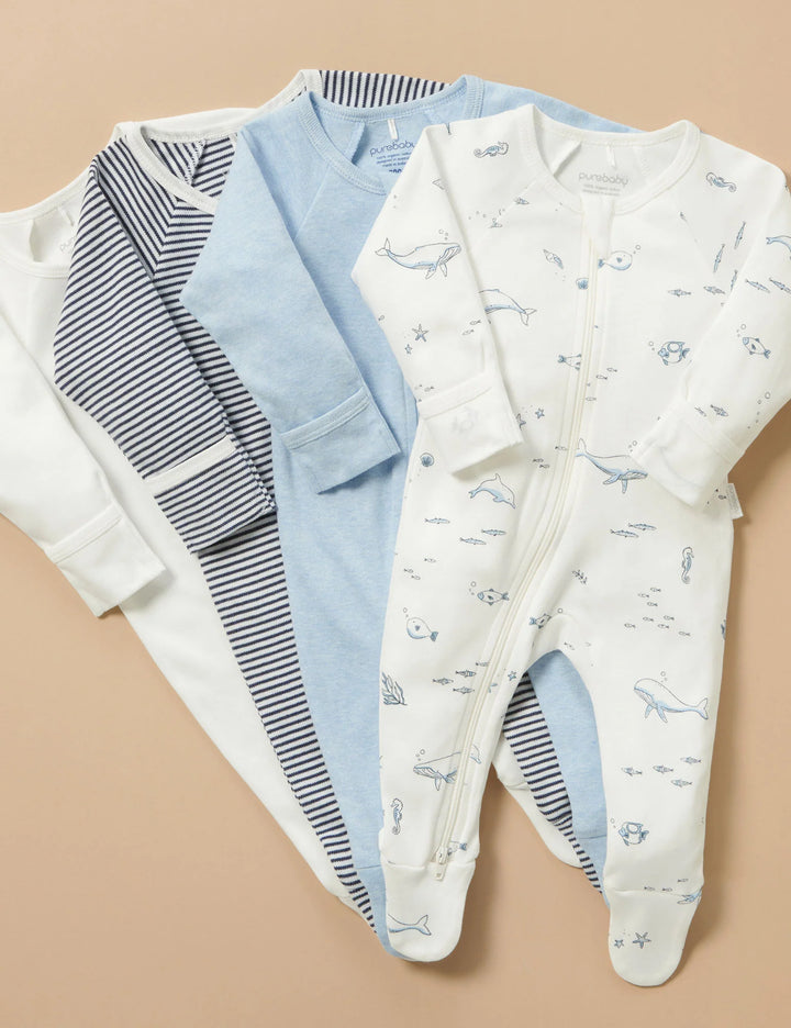 Purebaby Organic Zip Growsuit 4 Pack - Vanilla Nautical