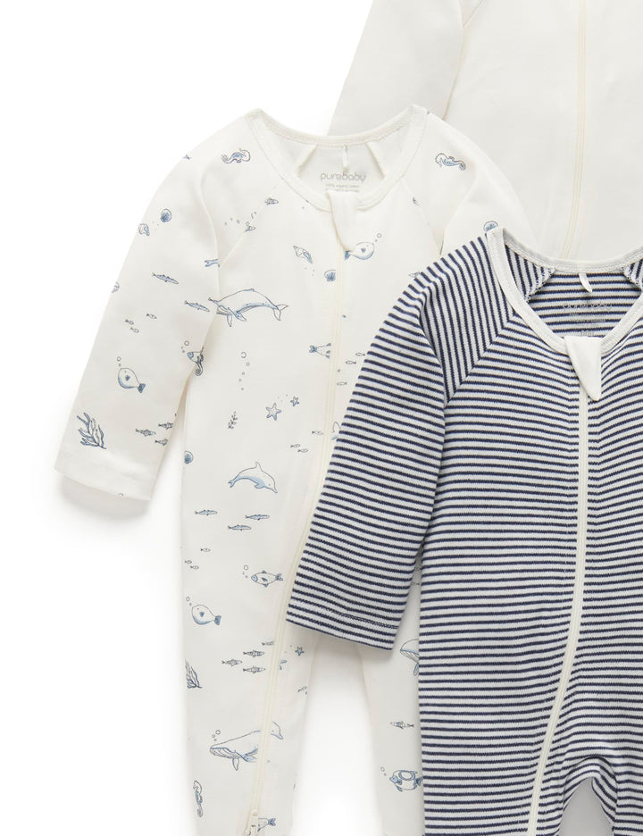 Purebaby Organic Zip Growsuit 4 Pack - Vanilla Nautical