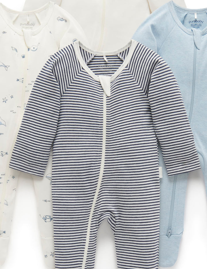 Purebaby Organic Zip Growsuit 4 Pack - Vanilla Nautical
