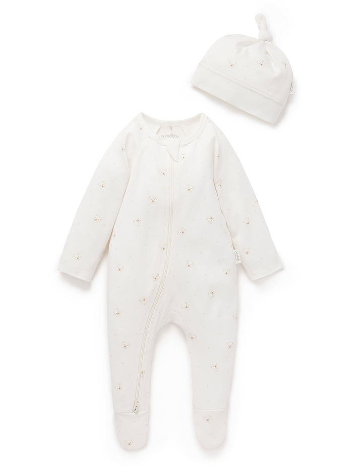 Purebaby Organic Growsuit & Hat Set - Vanilla Bear