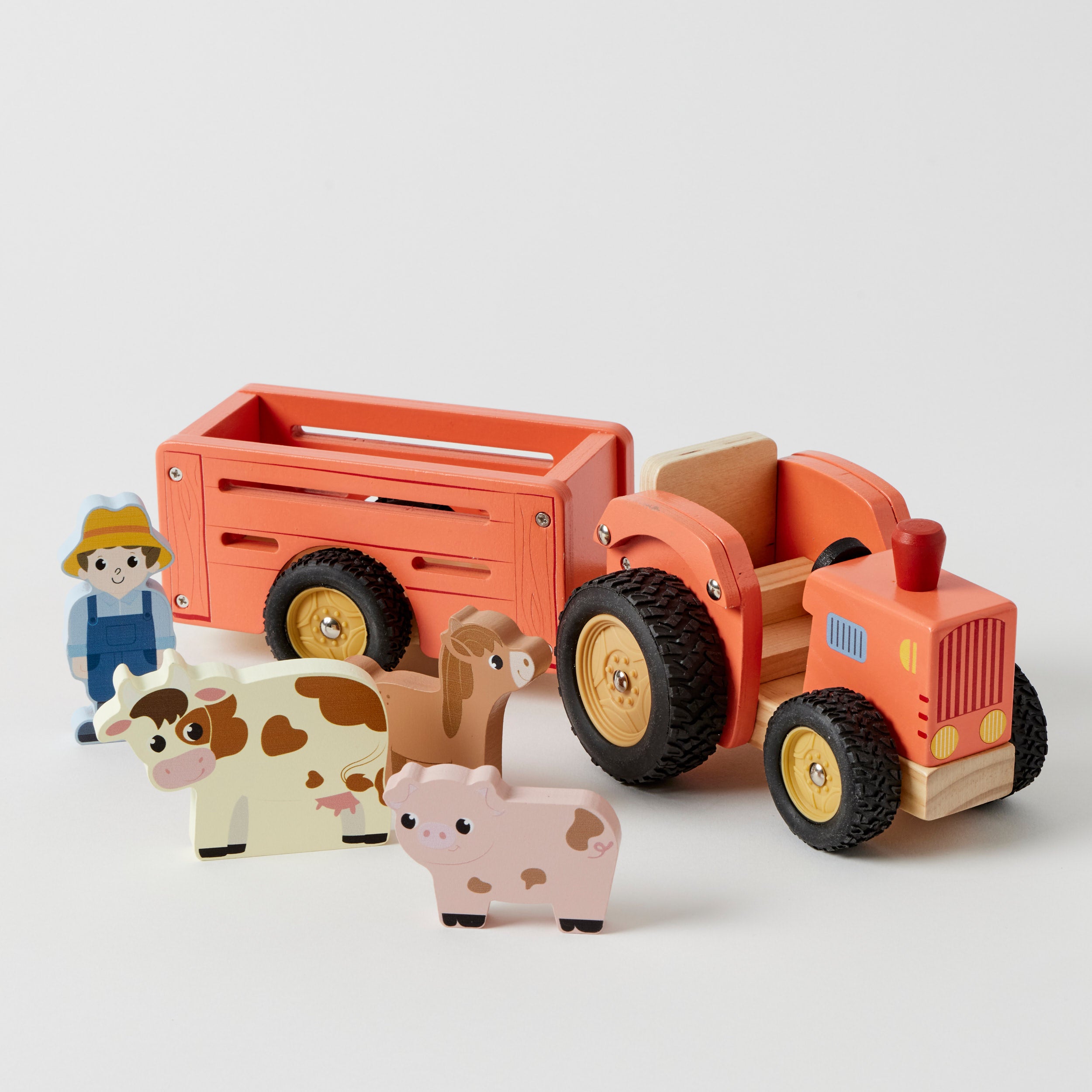 Wooden Farm Tractor and Trailer Set