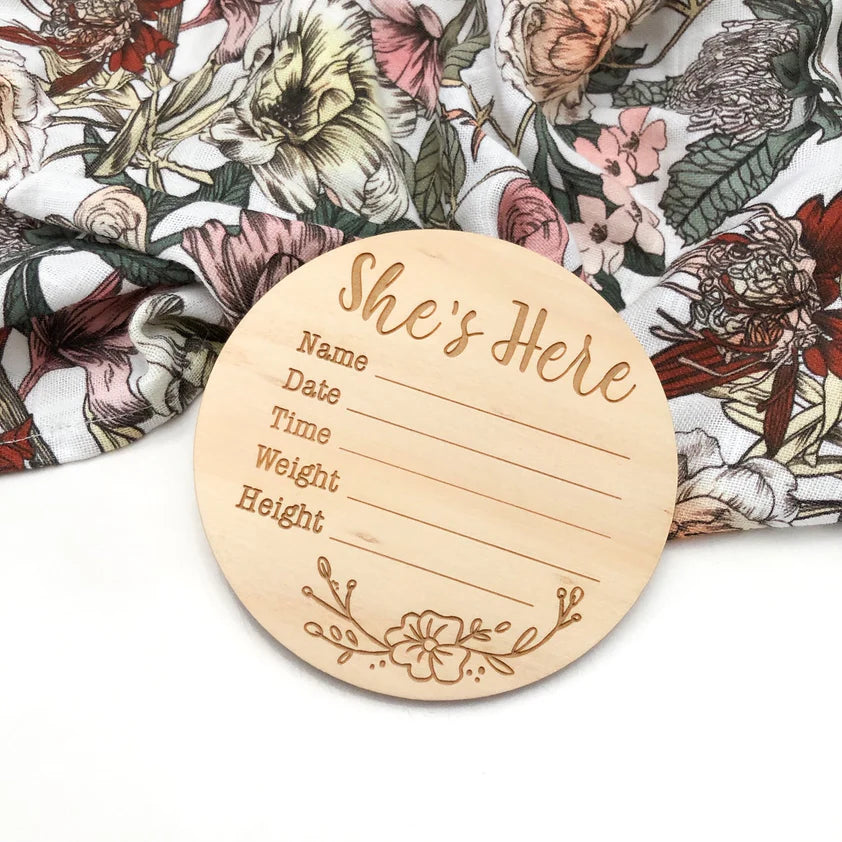 Wooden Announcement Plaque - She's Here