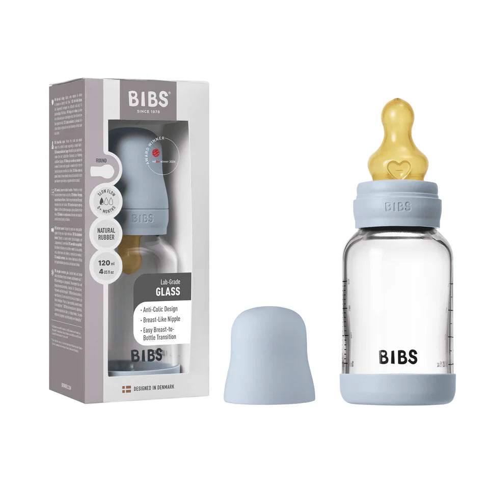 NEW BIBS 120ml Baby Glass Bottle The Complete Set  | Baby Blue