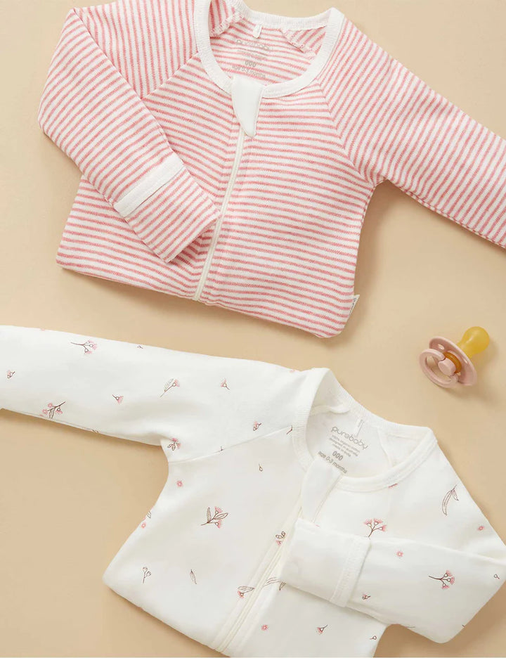 Purebaby Organic Zip Growsuit 2 Pack - Vanilla Blossom