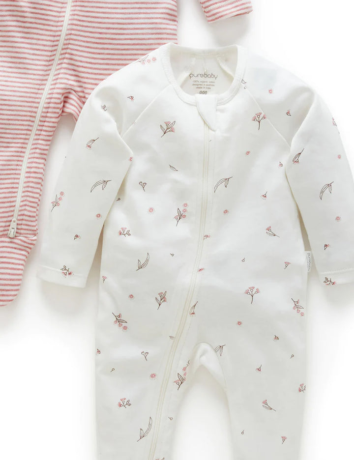 Purebaby Organic Zip Growsuit 2 Pack - Vanilla Blossom