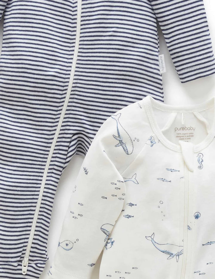 Purebaby Organic Zip Growsuit 2 Pack - Vanilla Nautical