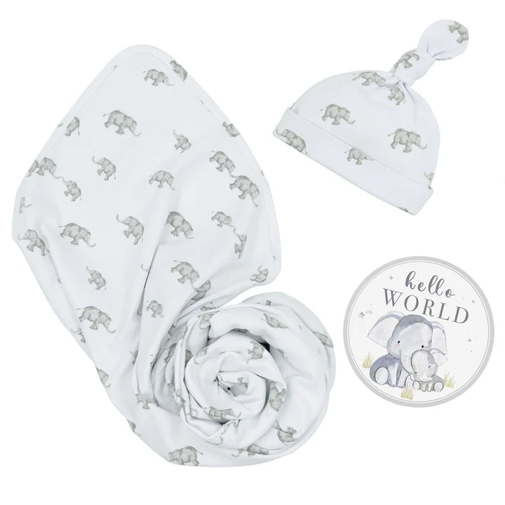 Hello World Baby Jersey Wrap Gift Set - Watercolour Elephant