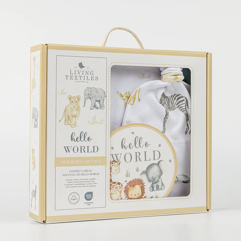 Hello World Baby Jersey Wrap Gift Set - Savanna Babies