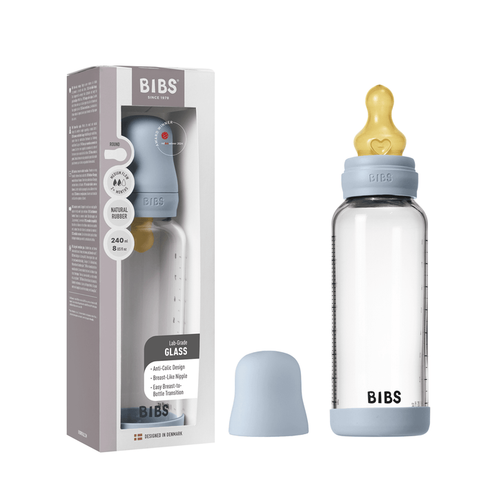 NEW BIBS Baby Glass Bottle Complete Set 240ml | Baby Blue