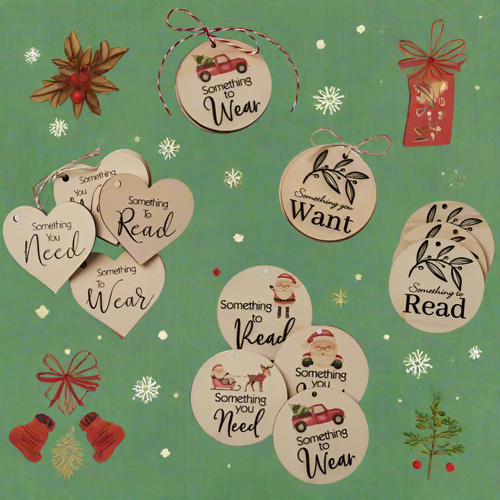 Wooden Christmas Gifting Tag Set 4 Piece Want, Wear, Need, Read