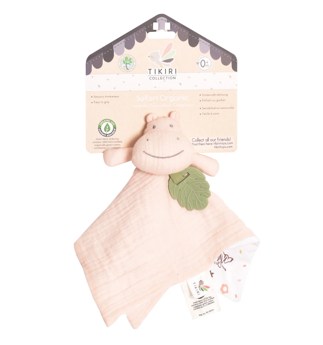 Tikiri Organic Comforter with Rubber Teether - Hippo