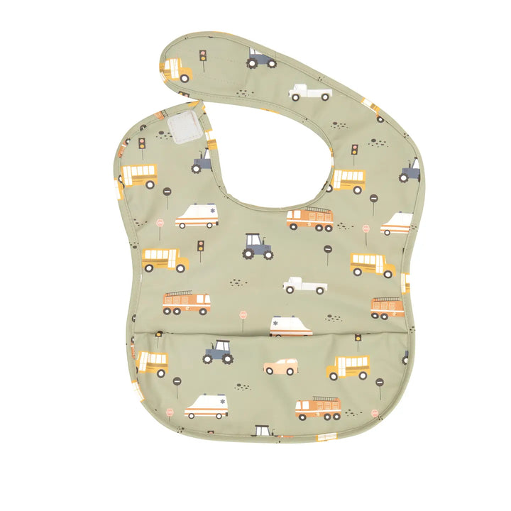 All4Ella Frills Waterproof Pouch Bib - Green Trucks