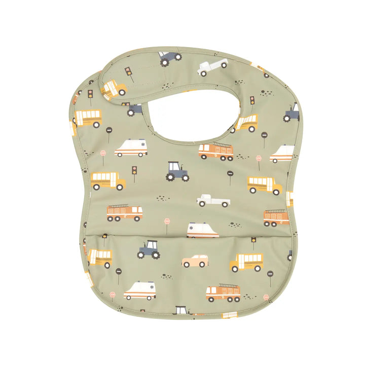 All4Ella Frills Waterproof Pouch Bib - Green Trucks