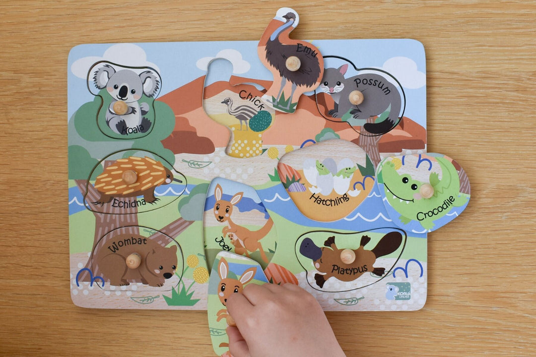 Aussie Animals and Babies Wooden Peg Puzzle