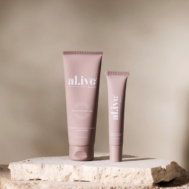 al.ive body Tinted Lip Butter & Hand Cream Bundle - Raspberry Blossom & Juniper