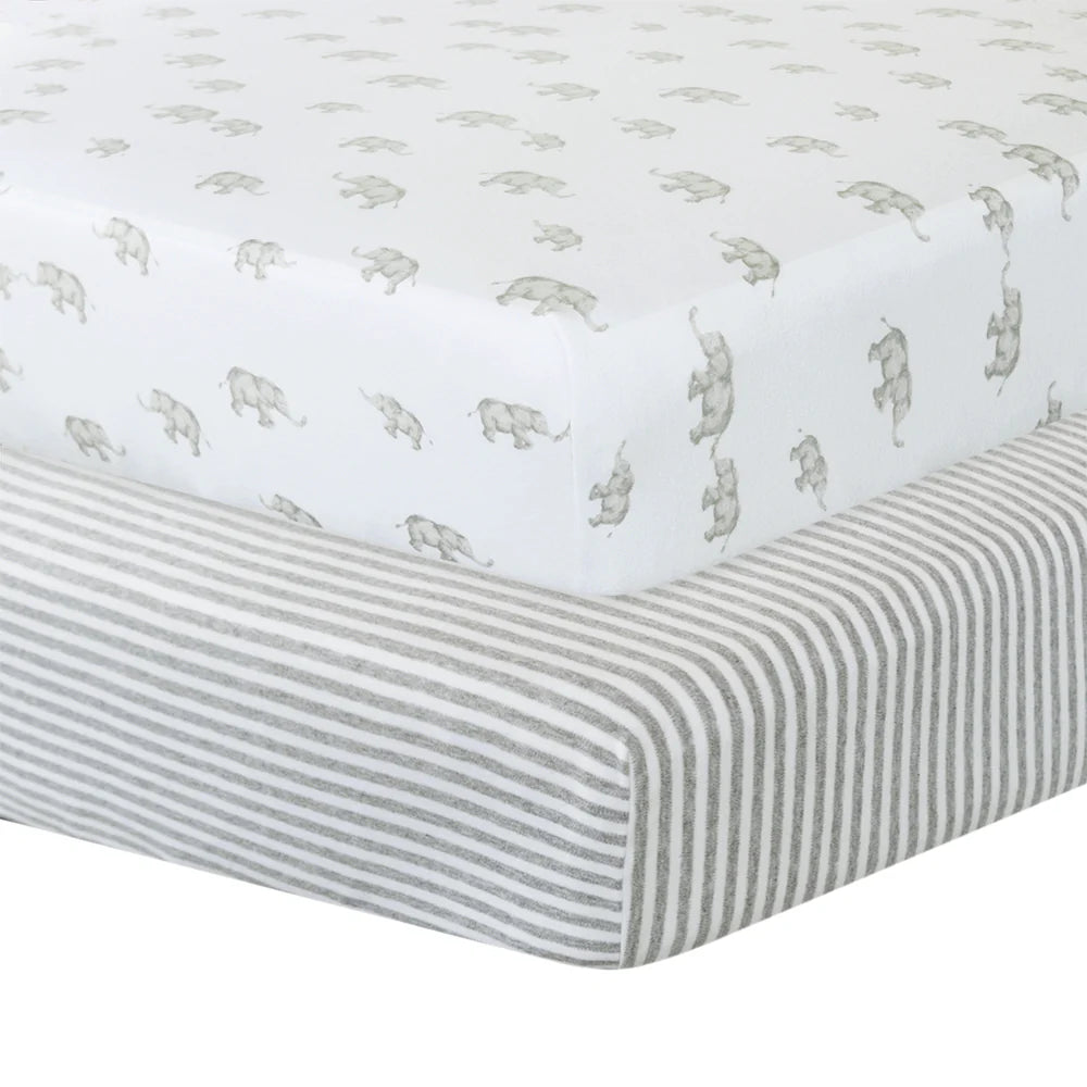 Cot Fitted Sheets 2 Pack - Watercolour Elephant & Grey Stripes