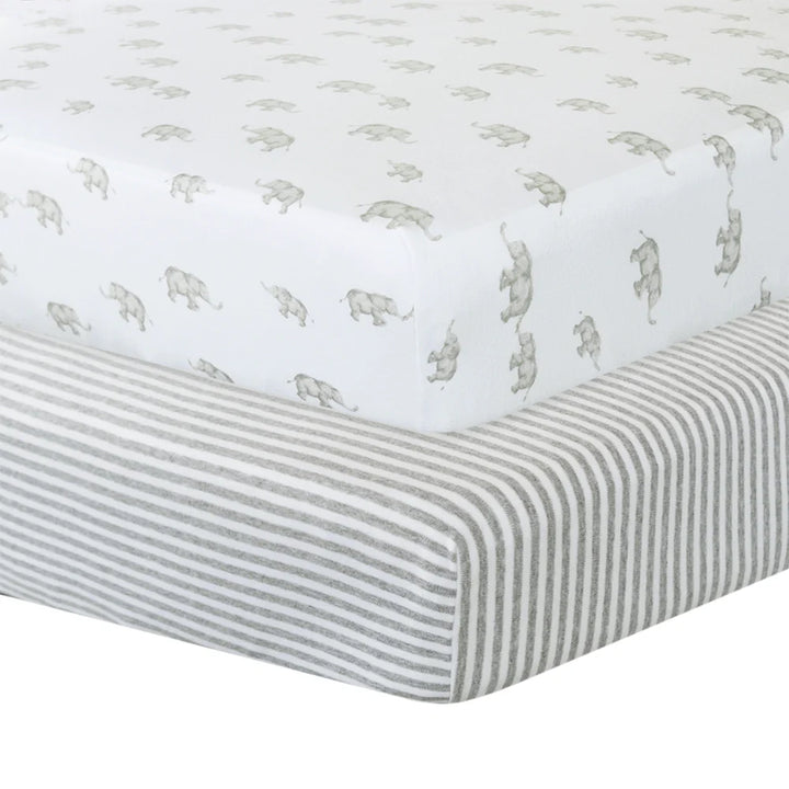 Cot Fitted Sheets 2 Pack - Watercolour Elephant & Grey Stripes