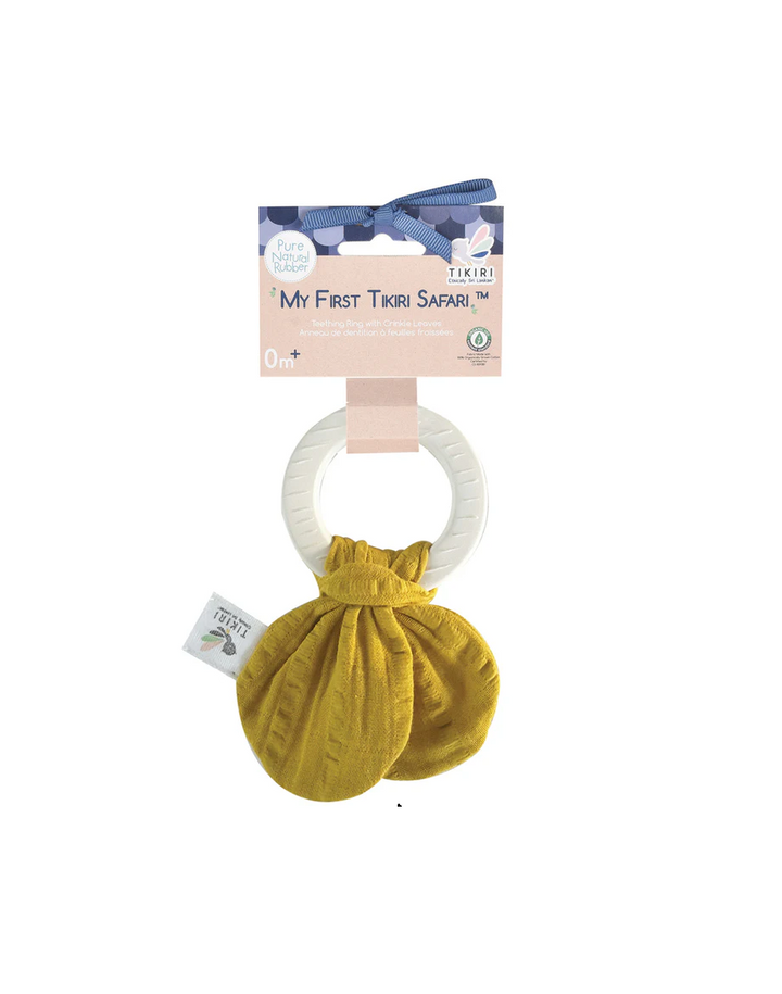 Tikiri Natural Rubber Teether & Crinkle Toy - Mustard Muslin Tie