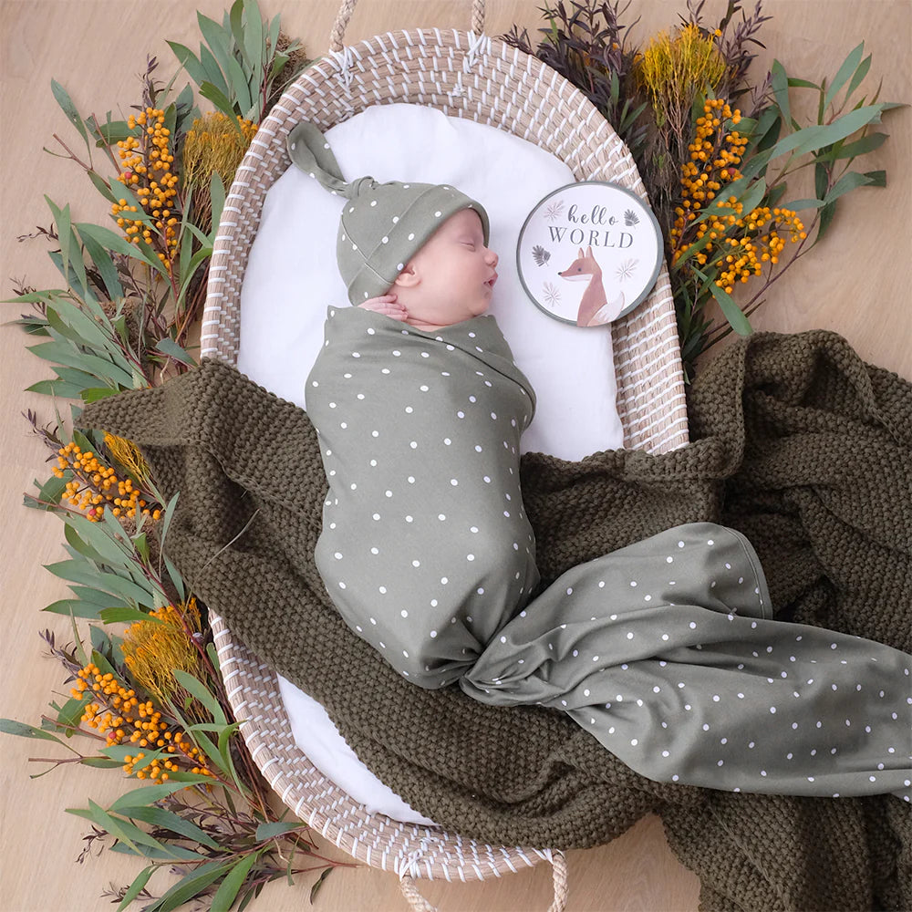 Hello World Baby Jersey Wrap Gift Set - Olive Spots
