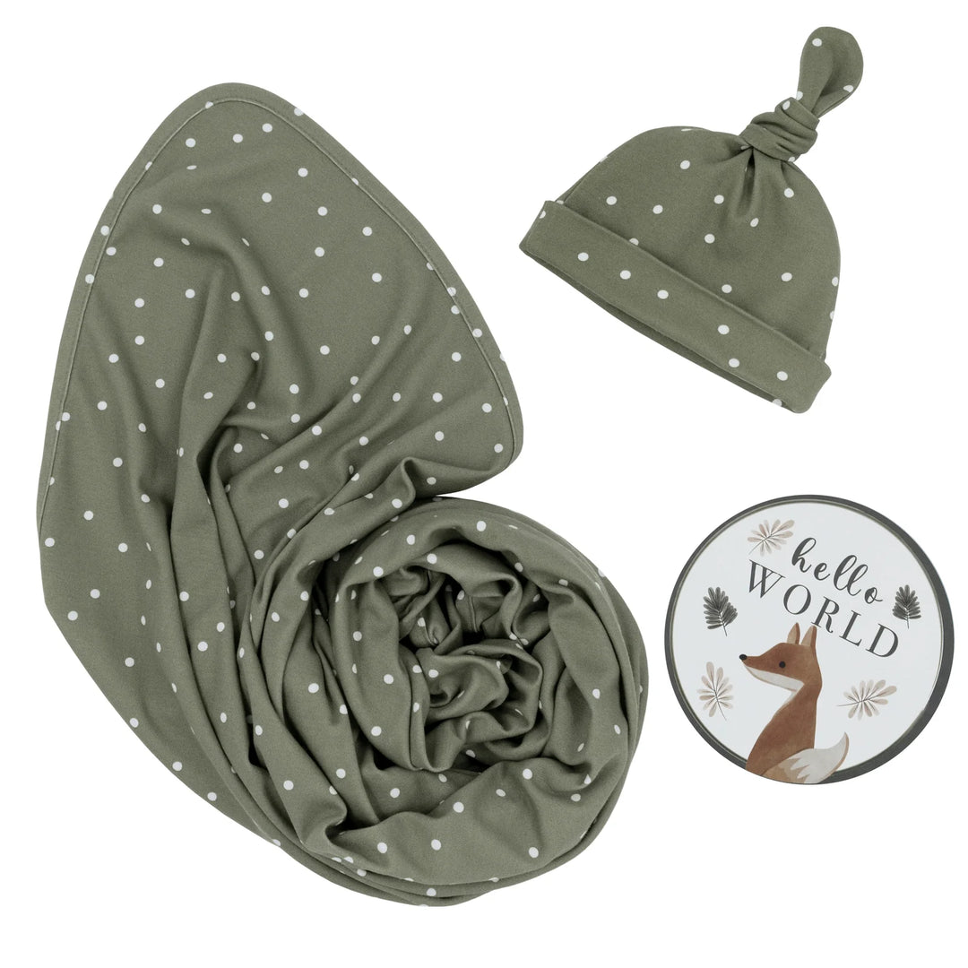 Hello World Baby Jersey Wrap Gift Set - Olive Spots