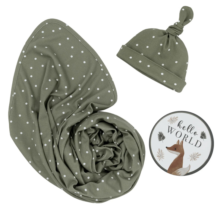 Hello World Baby Jersey Wrap Gift Set - Olive Spots