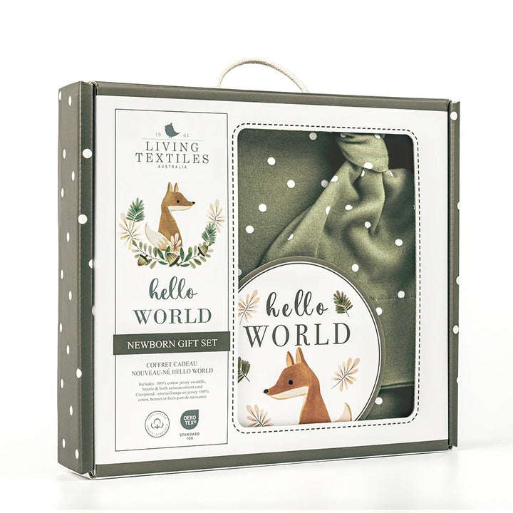 Hello World Baby Jersey Wrap Gift Set - Olive Spots
