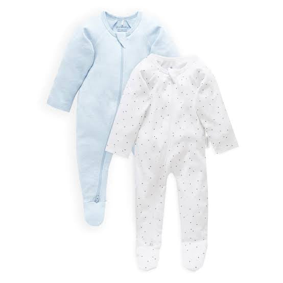 Purebaby Organic Zip Growsuit 2 Pack - Pale Blue & Spots