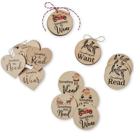 Wooden Christmas Gifting Tag Set 4 Piece Want, Wear, Need, Read