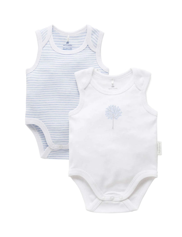 Purebaby Organic Singlet Bodysuit 2 Pack - White & Pale Blue Mélange Stripe