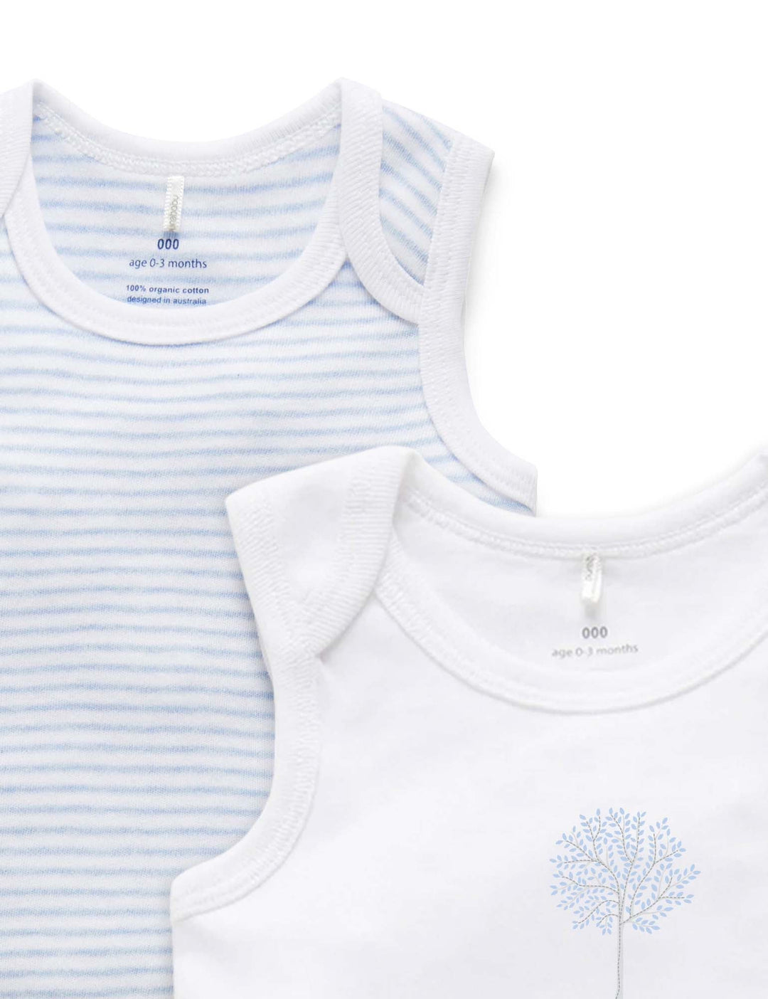 Purebaby Organic Singlet Bodysuit 2 Pack - White & Pale Blue Mélange Stripe