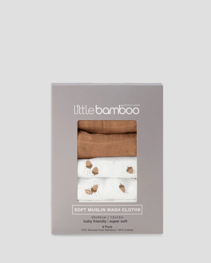 Little Bamboo Muslin Washers 6 Pack - Iced Coffee