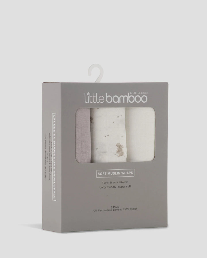 Little Bamboo Baby Muslin Wraps 3 Pack - Stone Grey