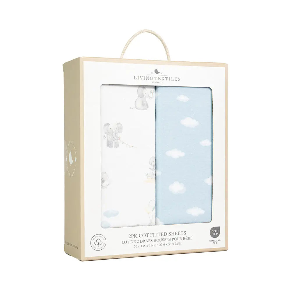 Organic Cot Fitted Sheet 2 Pack - Elephant Playtime