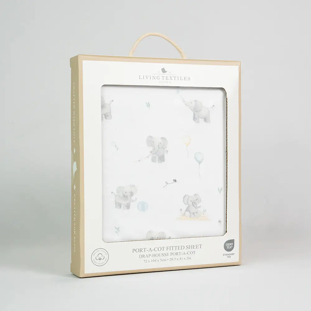Organic Port-A-Cot Fitted Sheet - Elephant Playtime