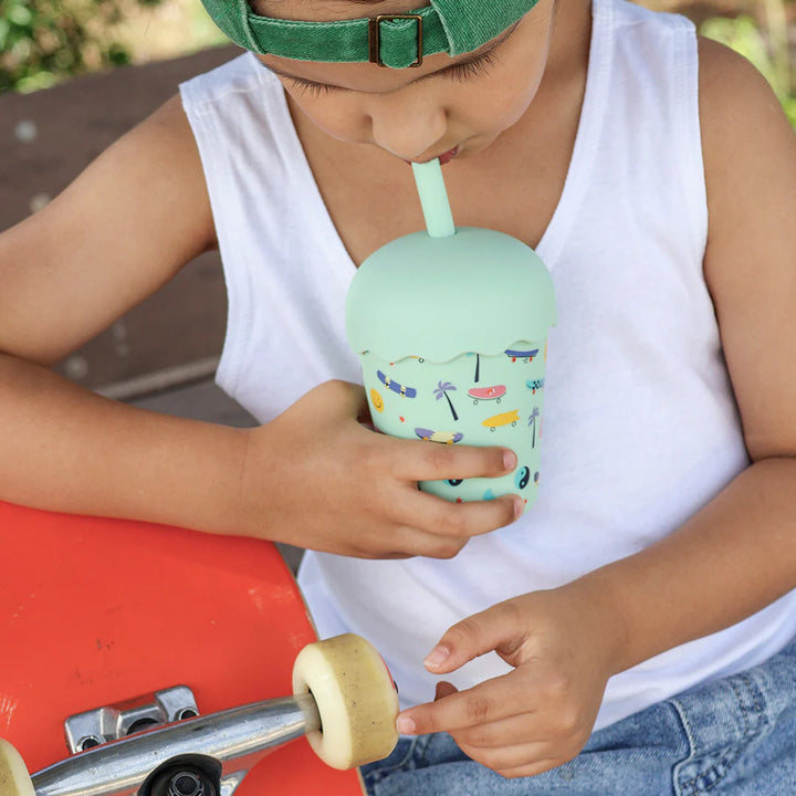 Mini Stainless Steel Smoothie Cup & Straw 200ml - Skate Aqua