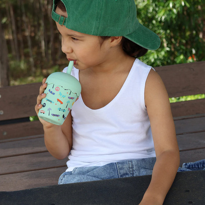 Mini Stainless Steel Smoothie Cup & Straw 200ml - Skate Aqua