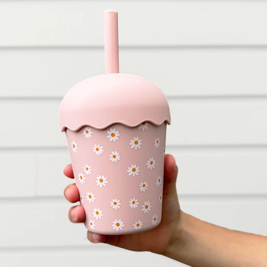 Mini Stainless Steel Smoothie Cup & Straw 200ml - Pink Daisy