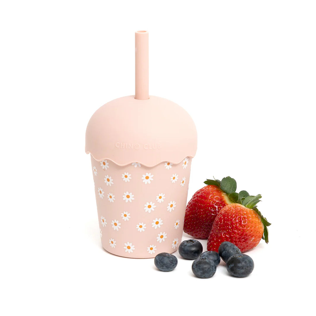 Mini Stainless Steel Smoothie Cup & Straw 200ml - Pink Daisy