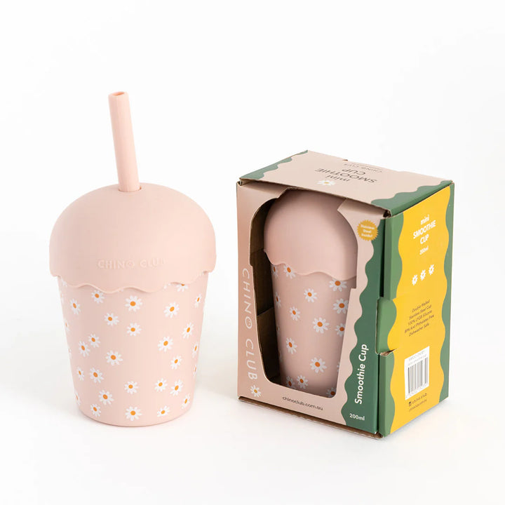 Mini Stainless Steel Smoothie Cup & Straw 200ml - Pink Daisy