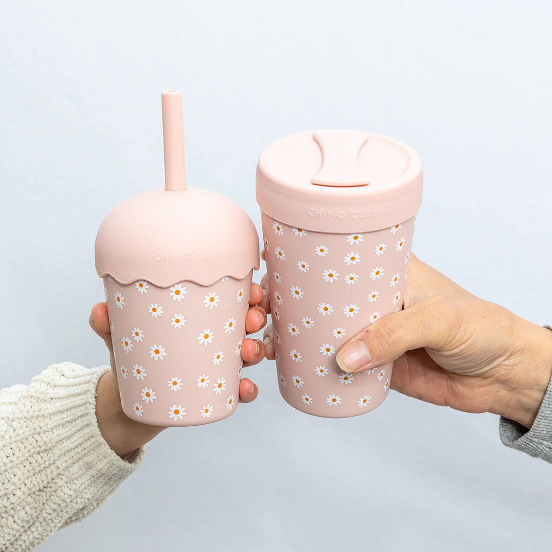 Mini Stainless Steel Smoothie Cup & Straw 200ml - Pink Daisy