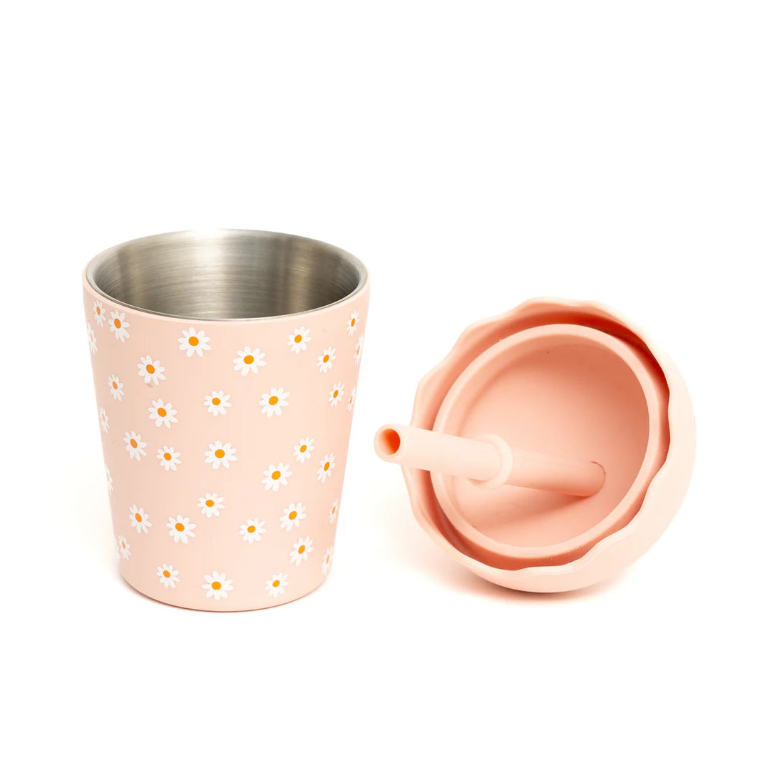Mini Stainless Steel Smoothie Cup & Straw 200ml - Pink Daisy