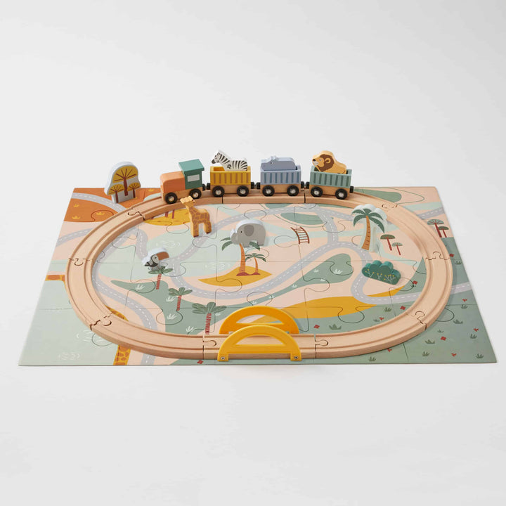 Wooden Jungle Animals Safari Train Track & Puzzle Set